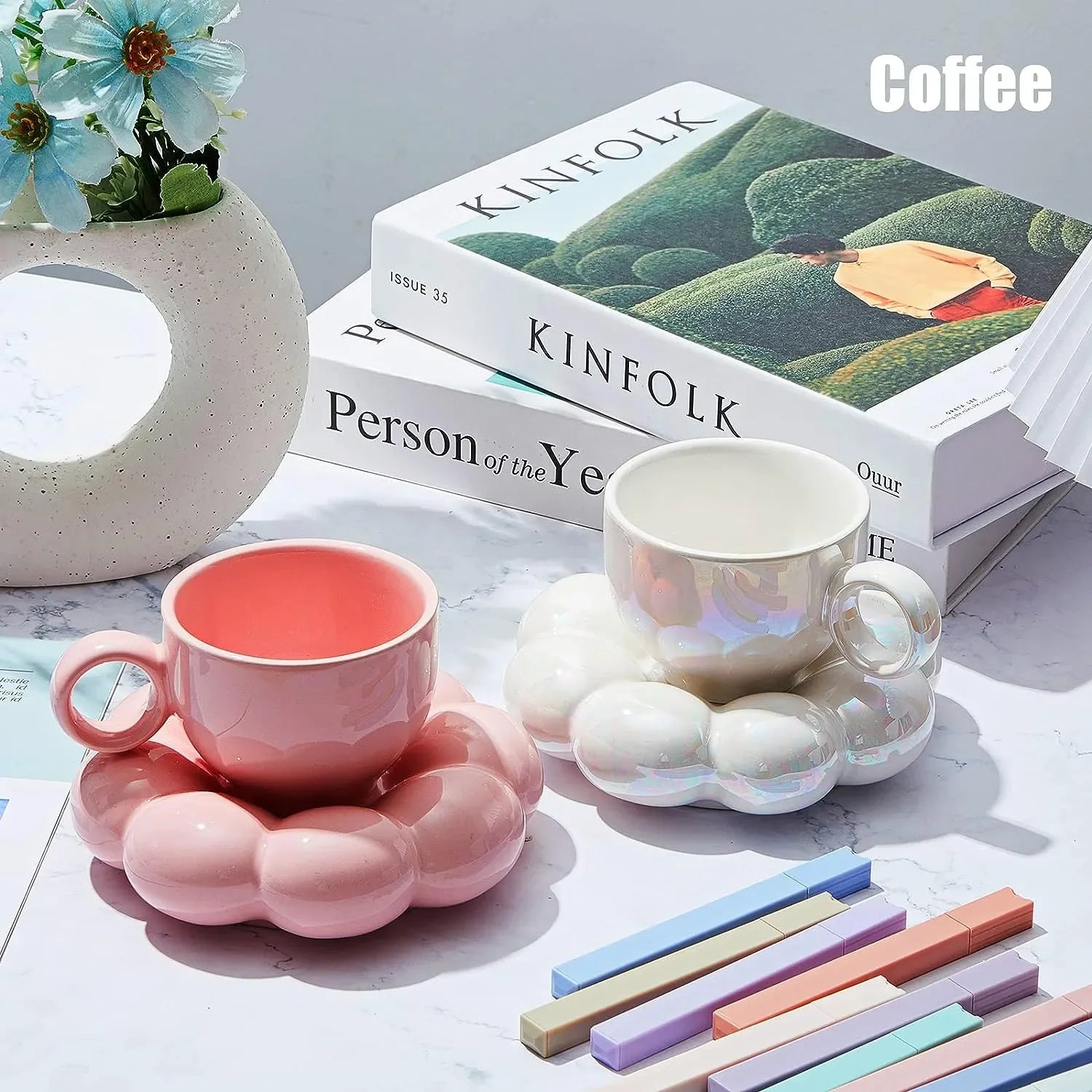 Simple Sunflower Coffee Mug Set Office Home Macaroon Series Coffee Ceramic Cups and Saucers Pink Pearl White Creative Cute Cup - Casa Tauri